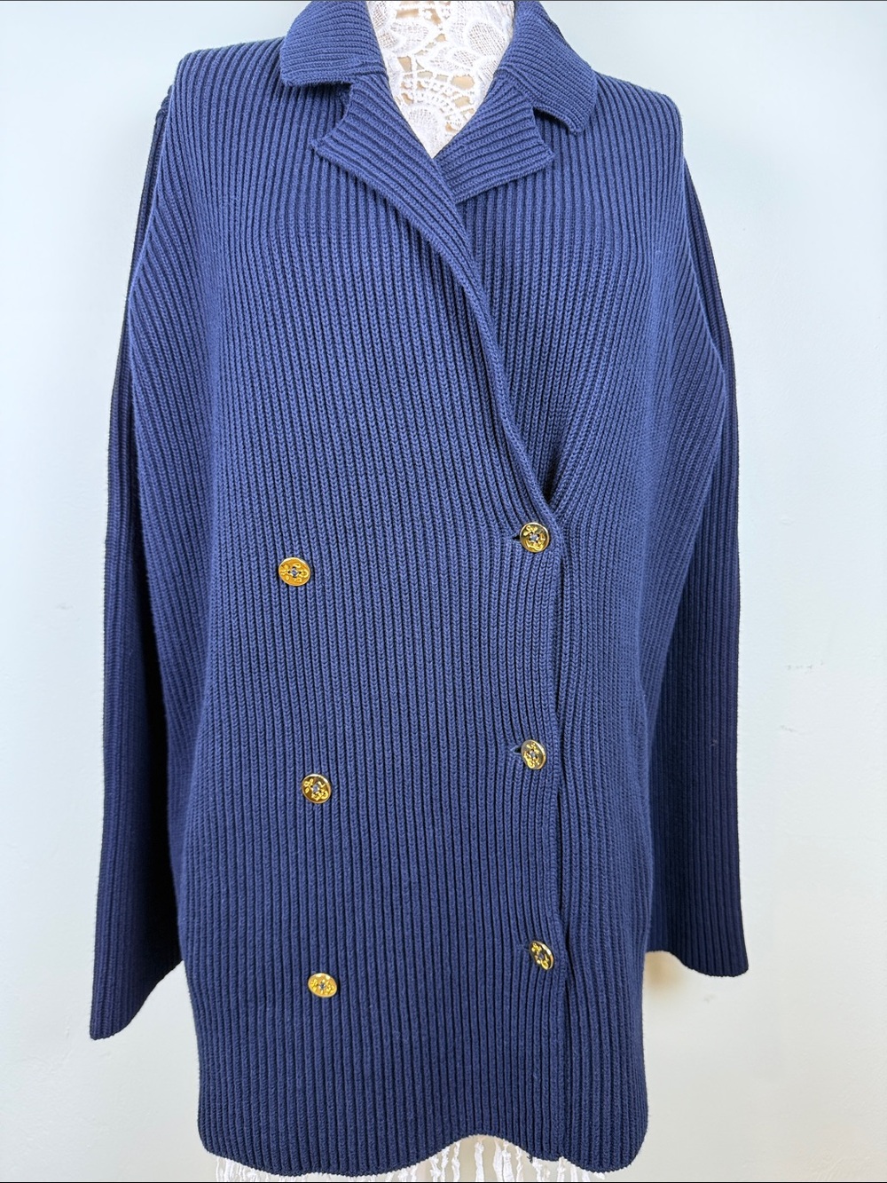 Ralph Lauren Navy Ribbed Double Breasted Cardigan Blazer 1X Nautical Gold Button